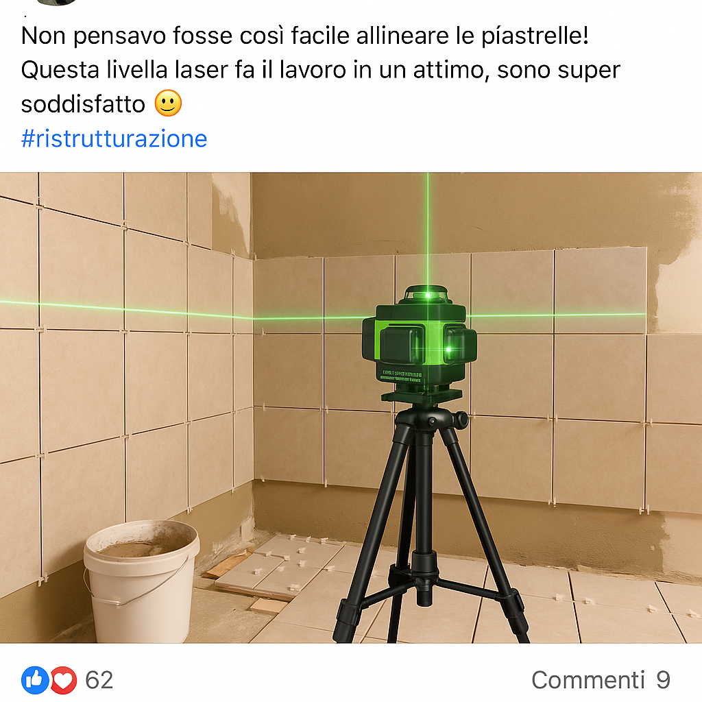 Post Facebook di Marco Rossi con livella laser in bagno in ristrutturazione e piastrelle allineate