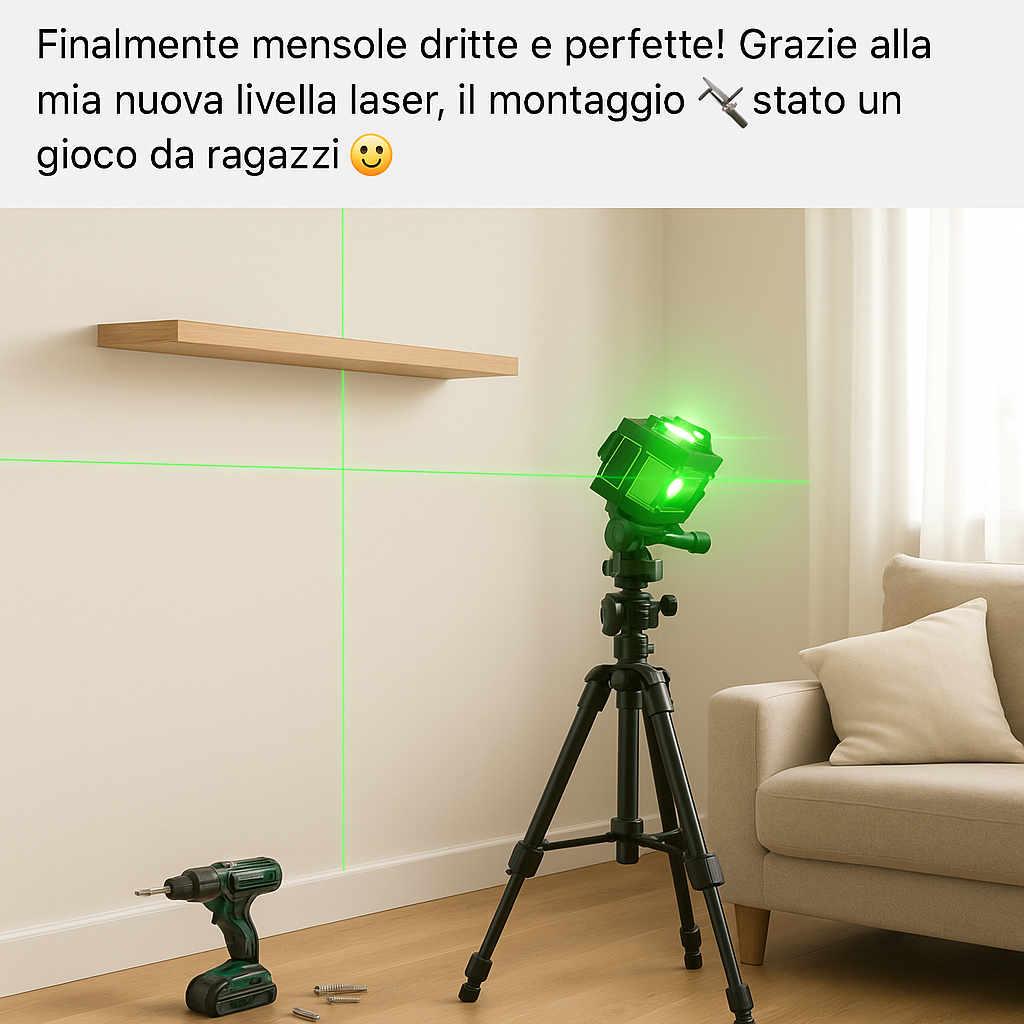 Post Facebook di Elena Bianchi con livella laser accanto a mensole perfettamente allineate