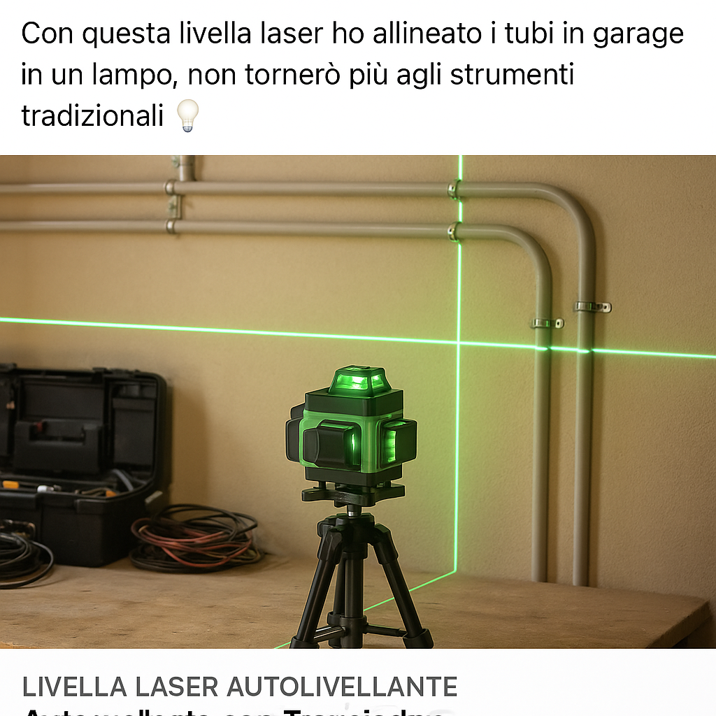 Post Facebook di Luca Verdi con livella laser su banco da lavoro in garage e tubi elettrici allineati
