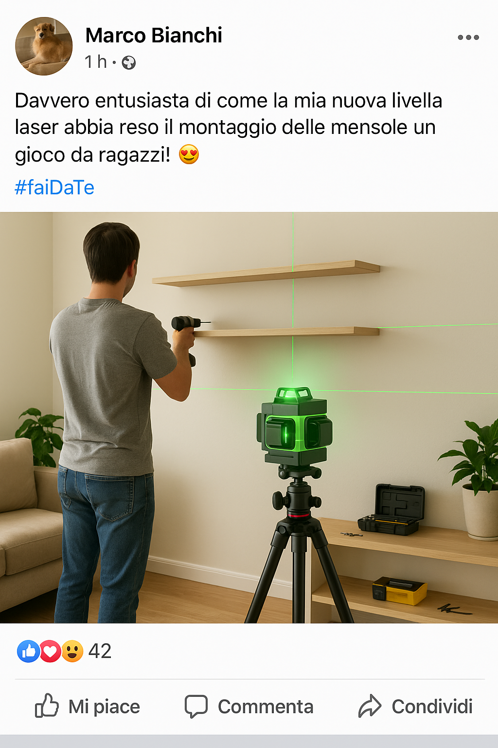 Post Facebook di Marco Bianchi con livella laser che allinea mensole in soggiorno