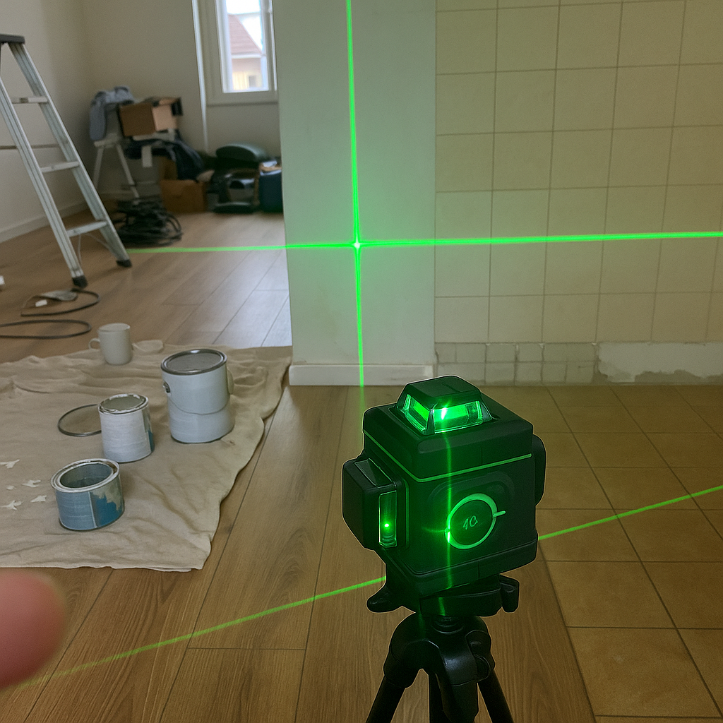 Snapshot di livella laser in soggiorno in ristrutturazione con linee verdi e attrezzi sul pavimento