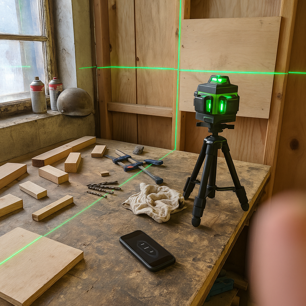 Livella laser in officina su parete in compensato con utensili e linee verdi