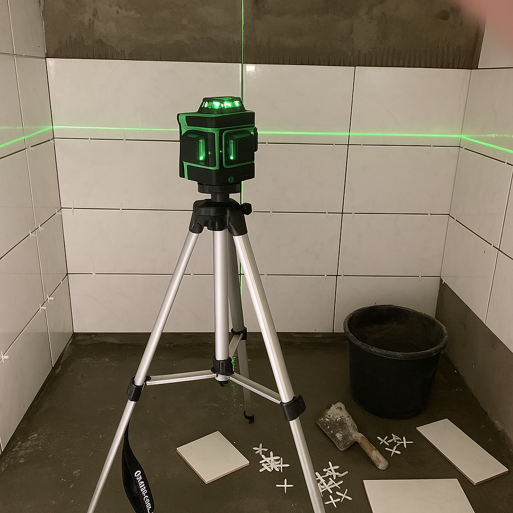 Livella laser su piastrelle di bagno con linee verdi e attrezzi bagnati