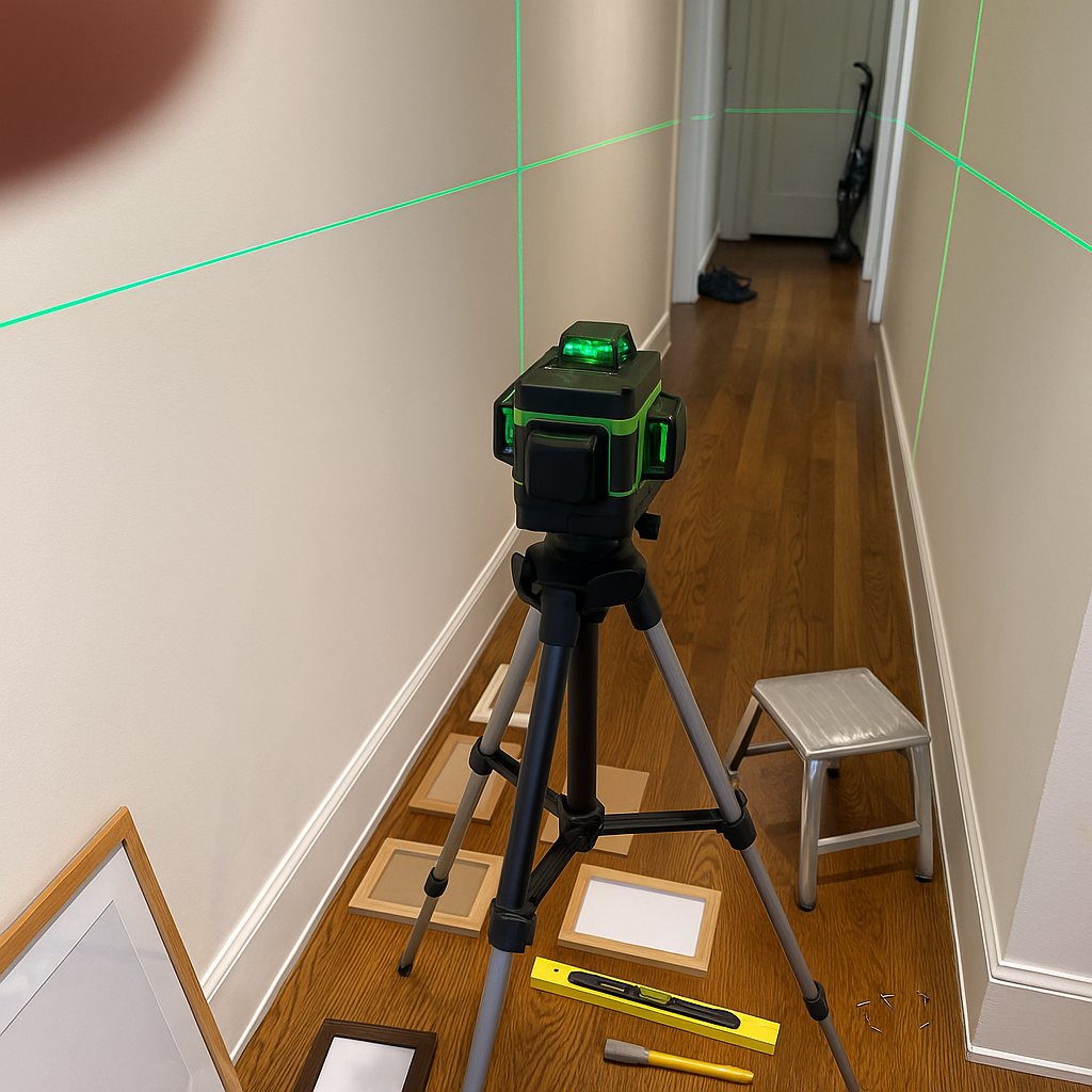 Livella laser in corridoio con linee verdi, scarpe e altri oggetti sul pavimento