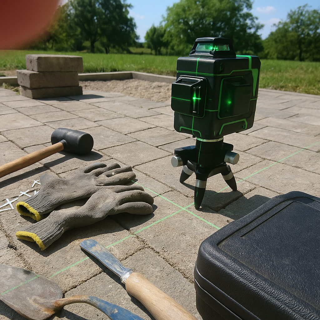 Livella laser su terrazzo esterno con linee verdi e utensili da giardinaggio