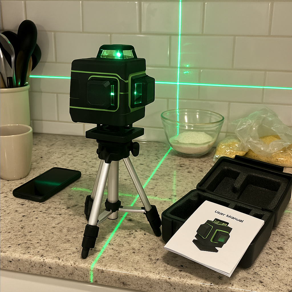 Livella laser su piano di lavoro in cucina con linee verdi e utensili sparsi